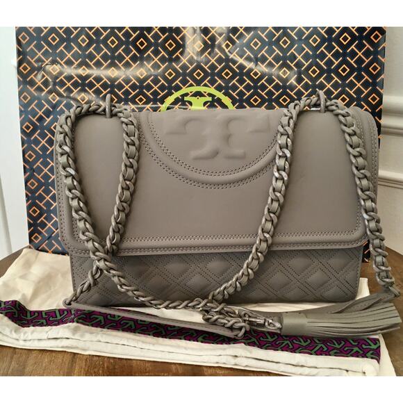 🆕 Tory Burch Fleming Convertible Shoulder GRAY HERON Matte Bag $598 - Picture 4 of 16